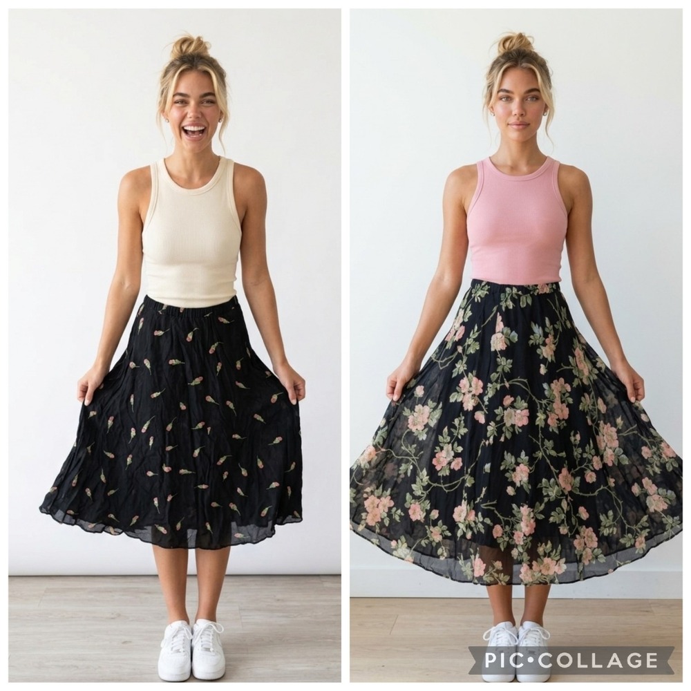 Vintage Floral Midi Skirt Silk Romantic Cottagecore Feminine Flowy Soft Girl